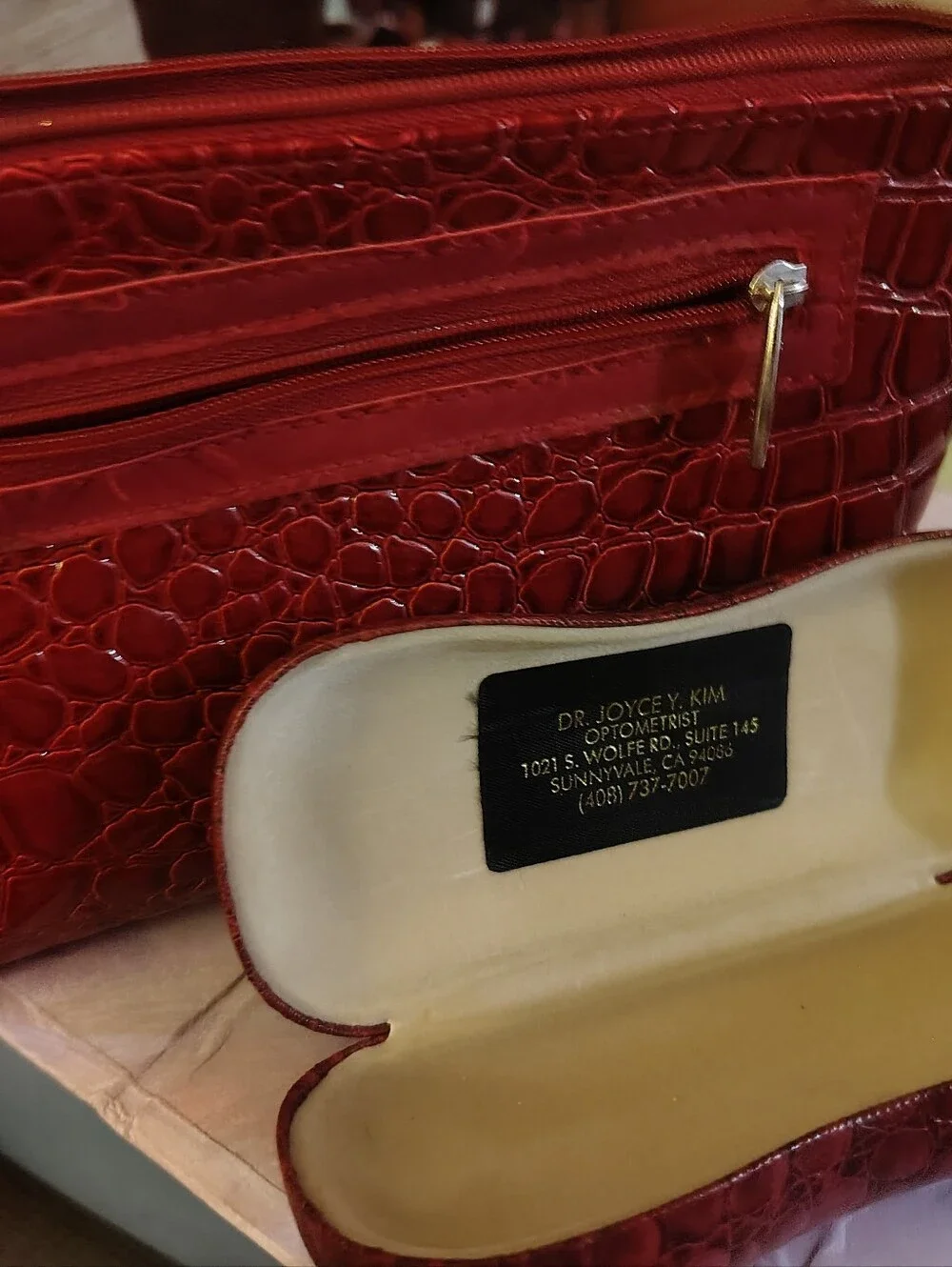LANCOME BAGS Red Gator Textured Cosmetic Makeup Bag & Coordinating Eyeglass Case